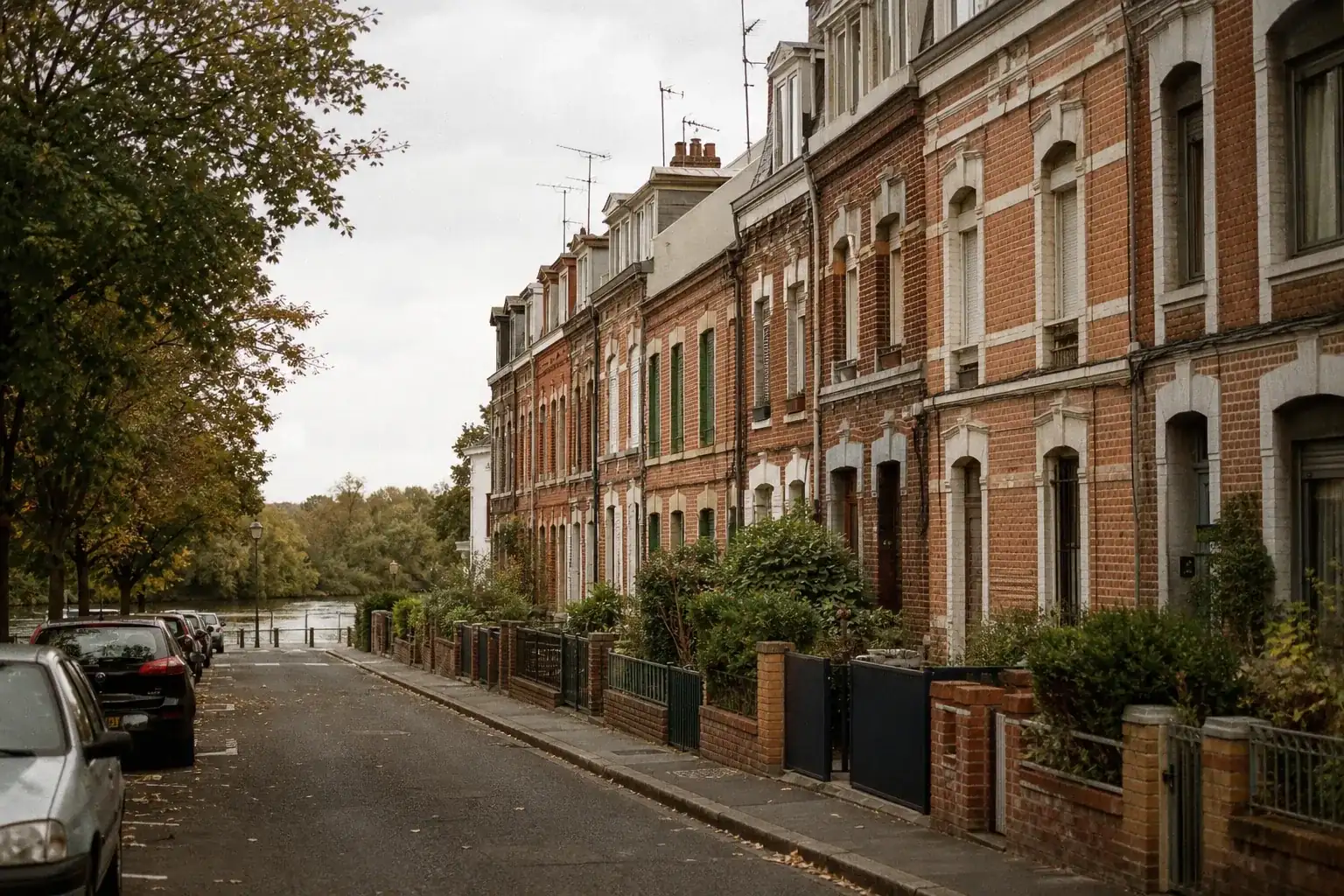 Une rue résidentielle de Lambersart bordée de maisons de brique, près des bords de Deûle